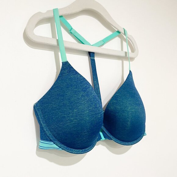 VS Teal Blue Racerback Semi Demi Front Clasp Closure Bra 34C Colorful Mermaid - Picture 2 of 5